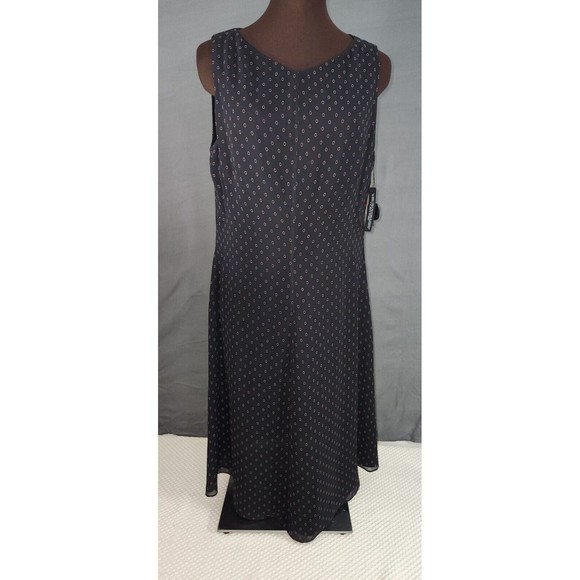 Tahari Black Tan Circle Print Sleeveless V Neck 100% Silk‎ Flare Dress Sz 12 NWT - Picture 1 of 13